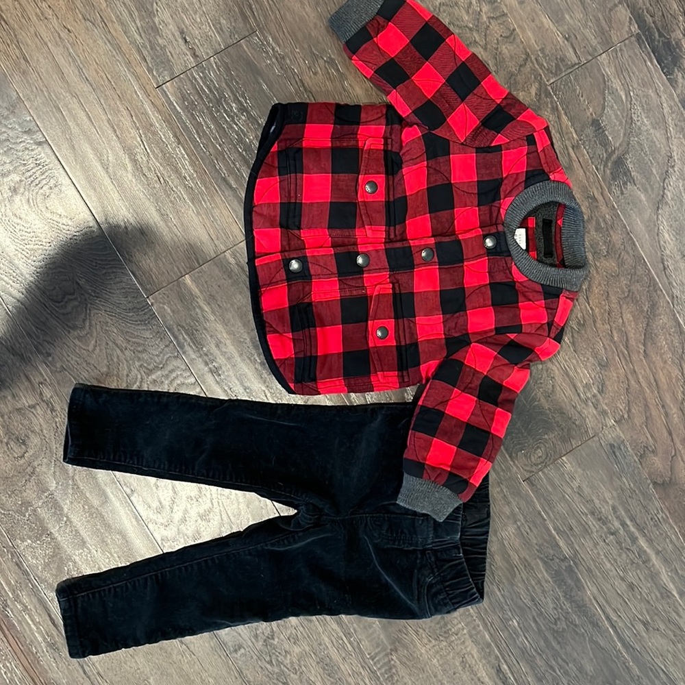 Baby Gap Buffalo Check jacket and black corduroy pants